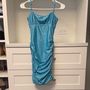 KatieJ NYC Ava Dress – XS – Teal Ruched Bodycon Mini – Like New